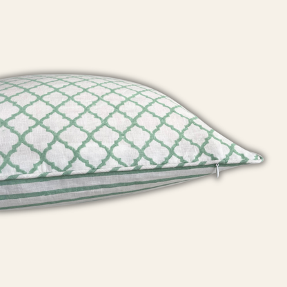 Linen pillow cover featuring a jade green lattice block print