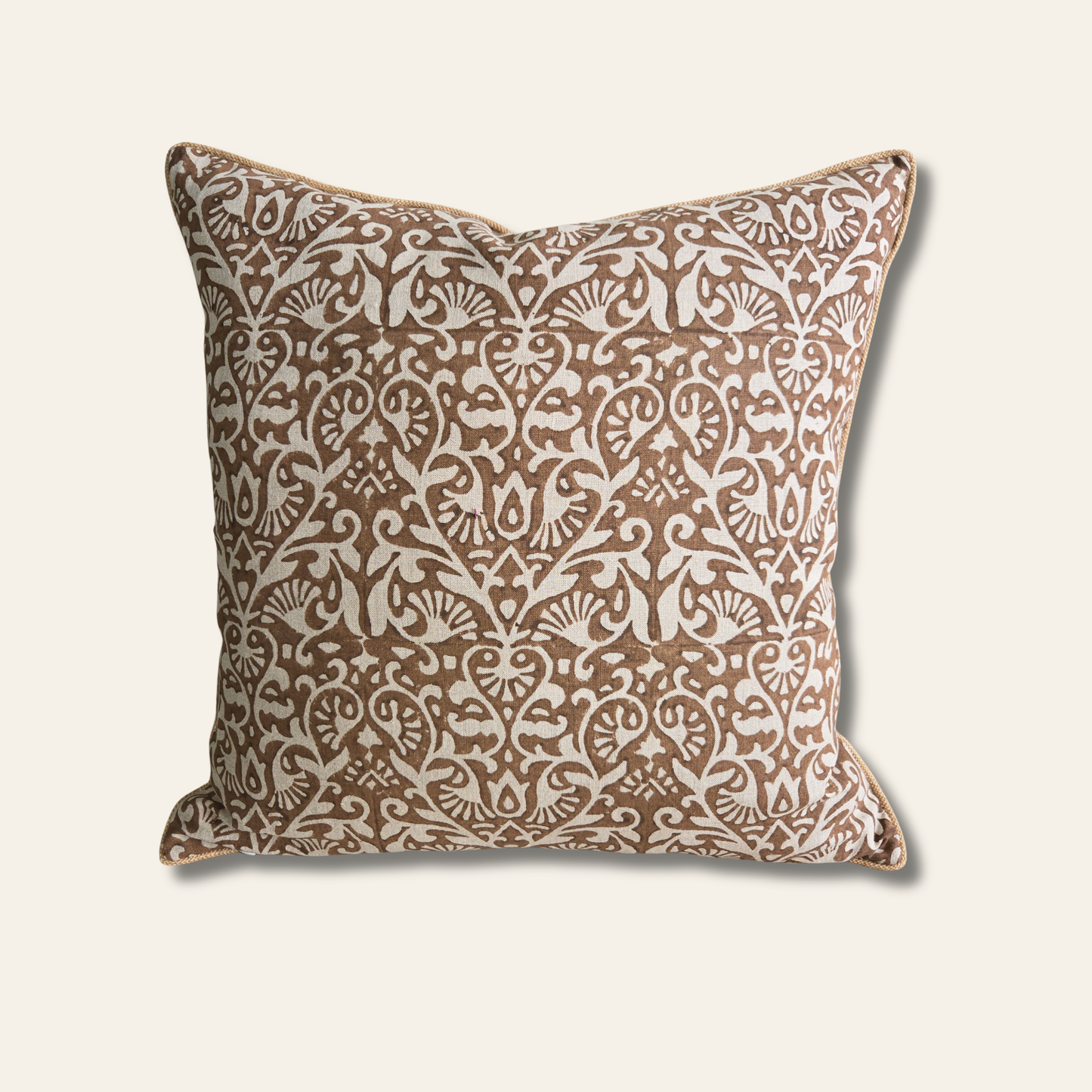 Earthy brown hand block printed linen pillow cover with symmetry
