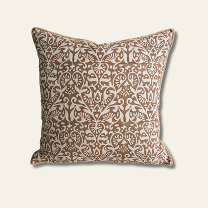Earthy brown hand block printed linen pillow cover with symmetry
