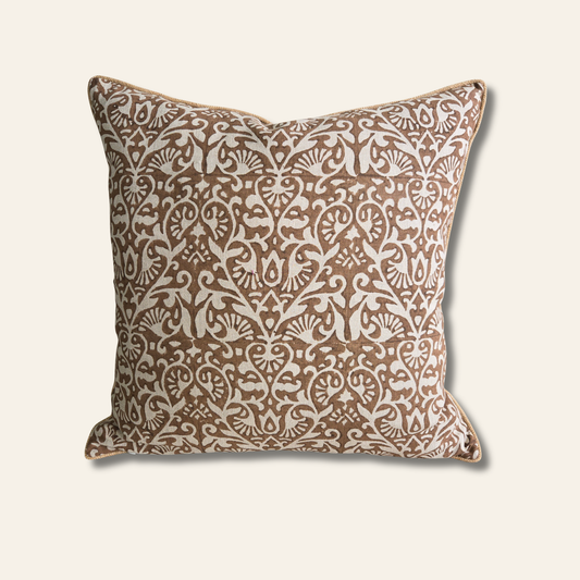 Earthy brown hand block printed linen pillow cover with symmetry