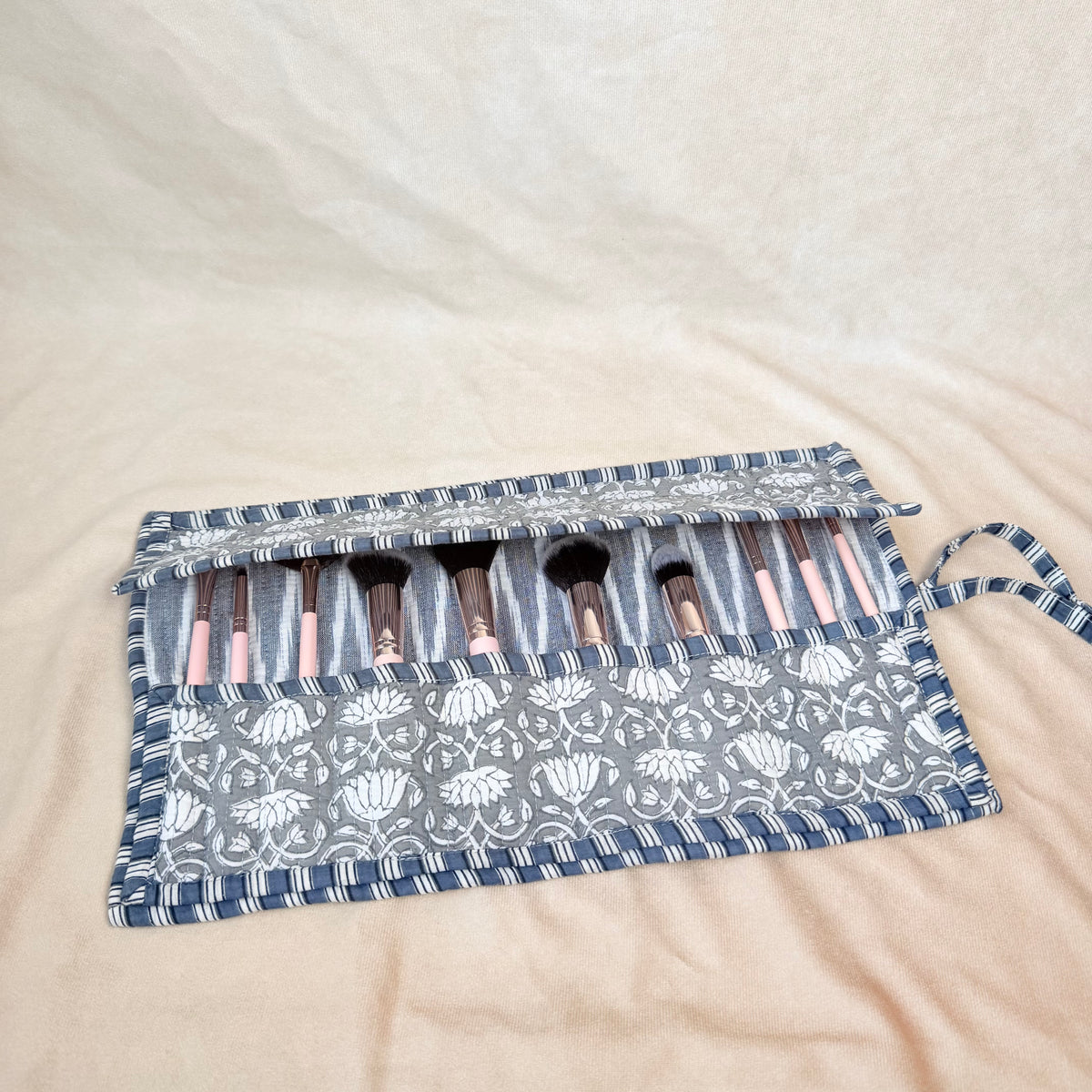 Hand Block Printed Quilted Cotton Makeup Brush Wrap - Urvi