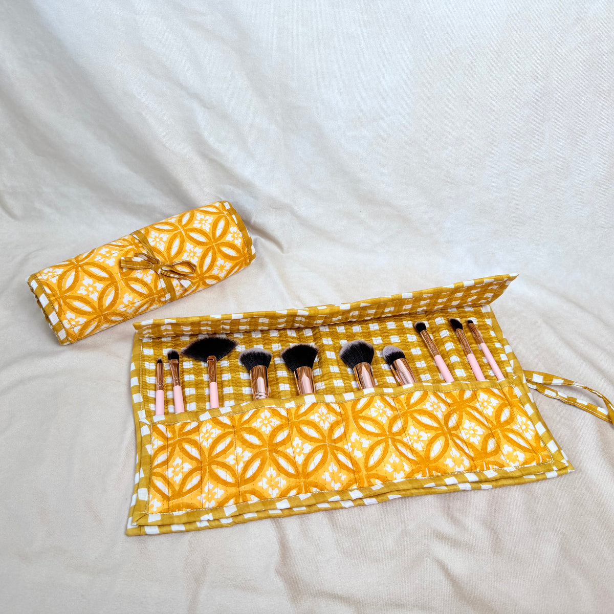 Hand Block Printed Quilted Cotton Makeup Brush Wrap - Kiran