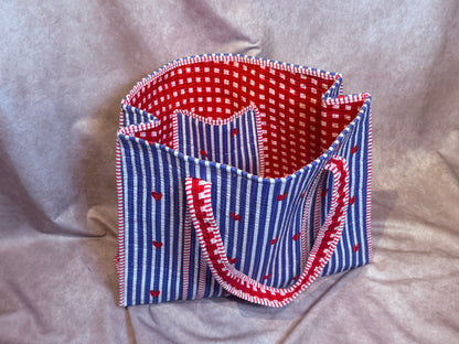 Quilted Cotton Reversible Tote - Blue and Red