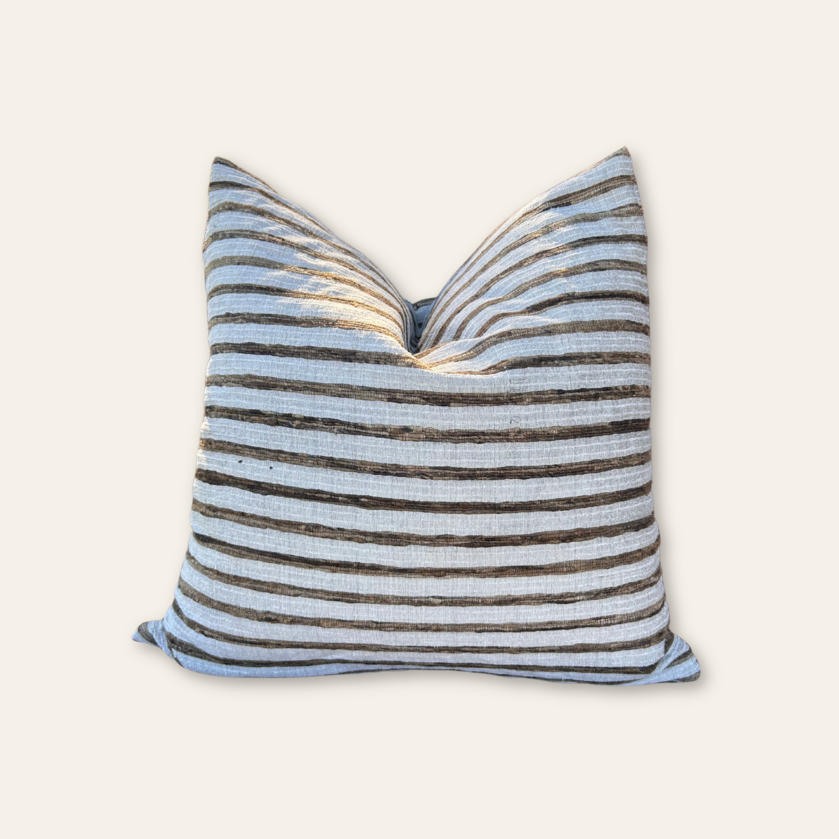 Hand-loomed slub silk pillow cover with horizontal stripes