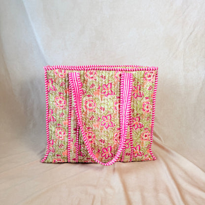 Hand Block Printed Quilted Cotton Tote - Komal
