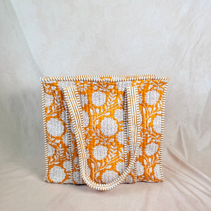 Hand Block Printed Quilted Cotton Tote - Kanak
