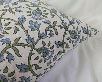 Rupam - Hand Block Printed Linen Pillow Cover (Blue, Green)