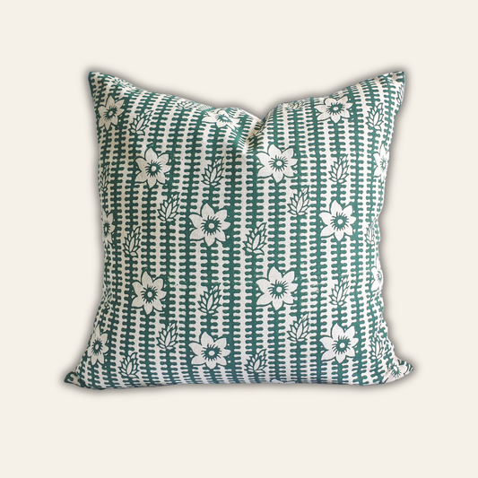 Natural linen pillow cover with green jasmine floral block print