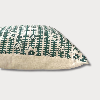 Bela - Hand Block Printed Linen Pillow Cover (Dark Green)