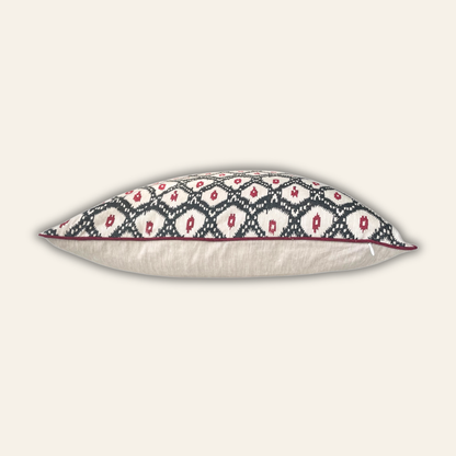 Ikat - Hand Block Printed Linen Pillow Cover (Peat, Deep Red)