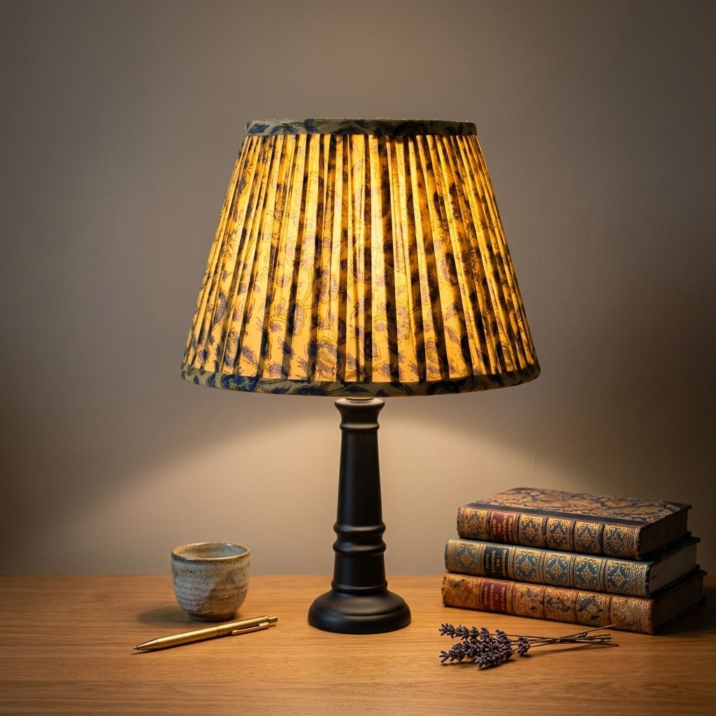 Hand Block Printed Fabric Lampshade - Kavya (Beige, Blue)