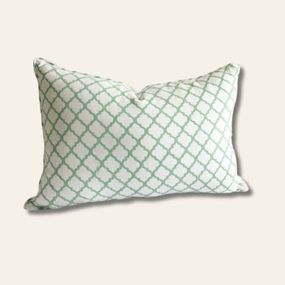 Linen pillow cover featuring a jade green lattice block print