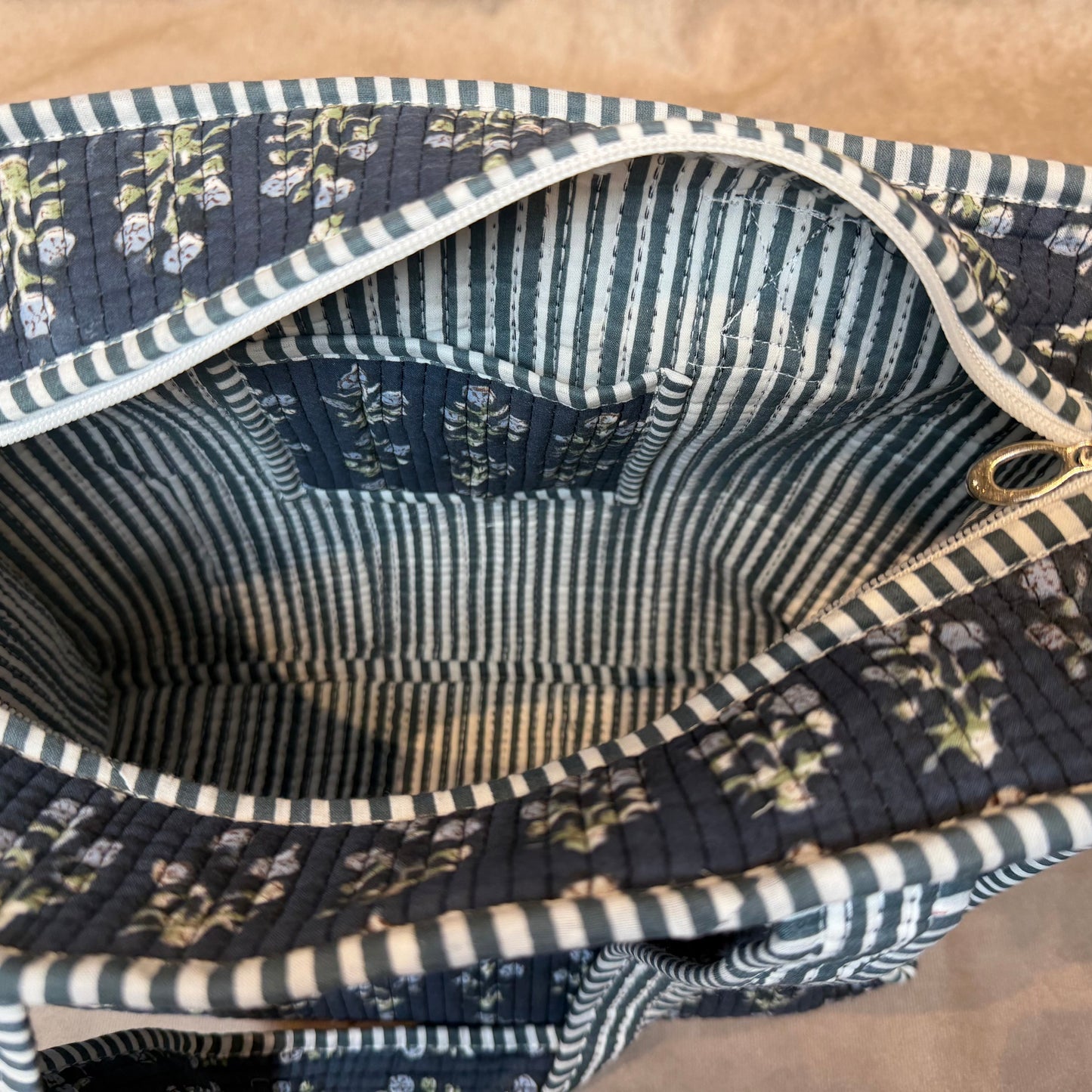 Hand Block Printed Quilted Cotton Mini Tote - Midnight Garden
