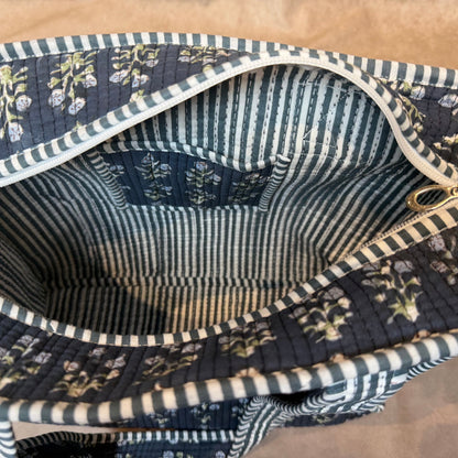 Hand Block Printed Quilted Cotton Mini Tote - Midnight Garden