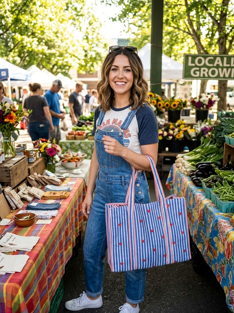 Quilted Cotton Reversible Tote - Blue and Red
