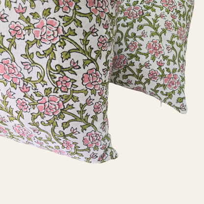Floral hand block printed linen pillow cover in pink green