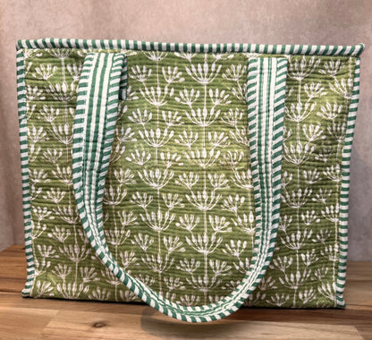 Hand Block Printed Quilted Cotton Mini Tote - Green Buds