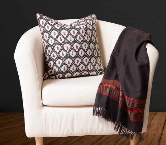 Ikat - Hand Block Printed Linen Pillow Cover (Peat, Deep Red)