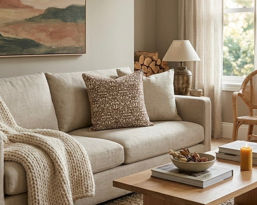 Earthy brown hand block printed linen pillow cover with symmetry