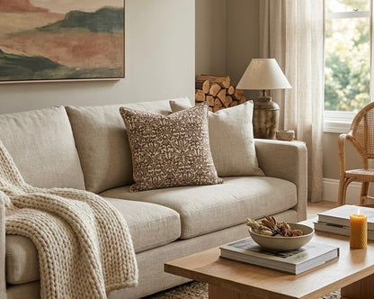 Earthy brown hand block printed linen pillow cover with symmetry