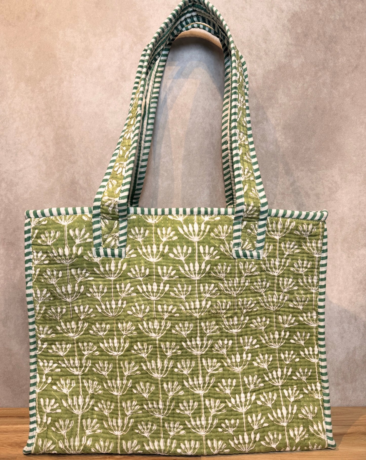 Hand Block Printed Quilted Cotton Mini Tote - Green Buds