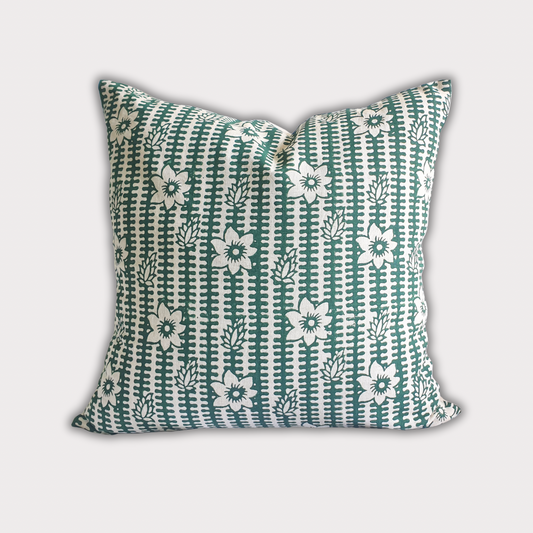 Bela - Hand Block Printed Linen Pillow Cover (dark green)