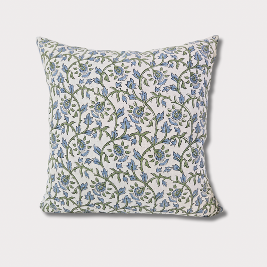 Rupam - Hand Block Printed Linen Pillow Cover (Blue, Green)
