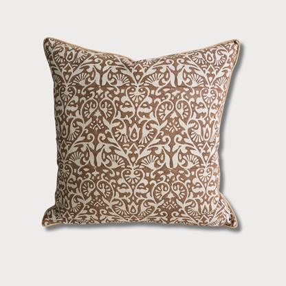 Bhumi - Hand Block Printed Linen Pillow Cover (Earthy Brown, Beige)