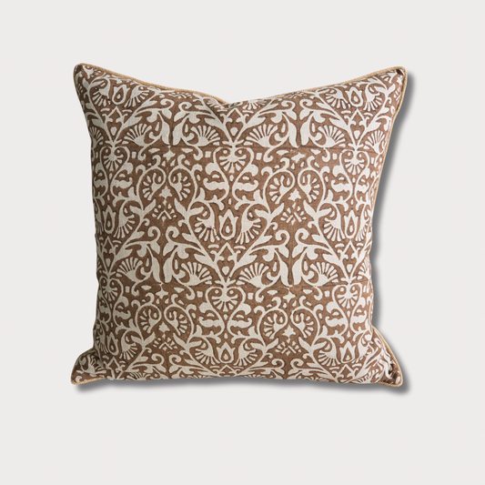 Bhumi - Hand Block Printed Linen Pillow Cover (Earthy Brown, Beige)