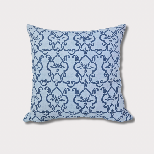 Iris - Hand Block Printed Linen Pillow Cover (Blue)