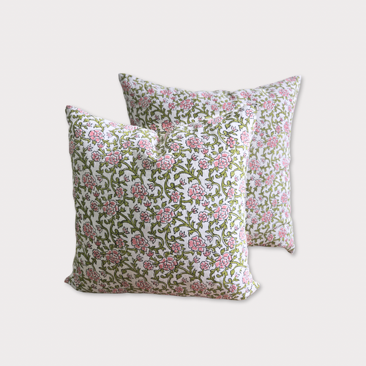 Gulaab - Hand Block Printed Linen Pillow Cover (Pink, Green)