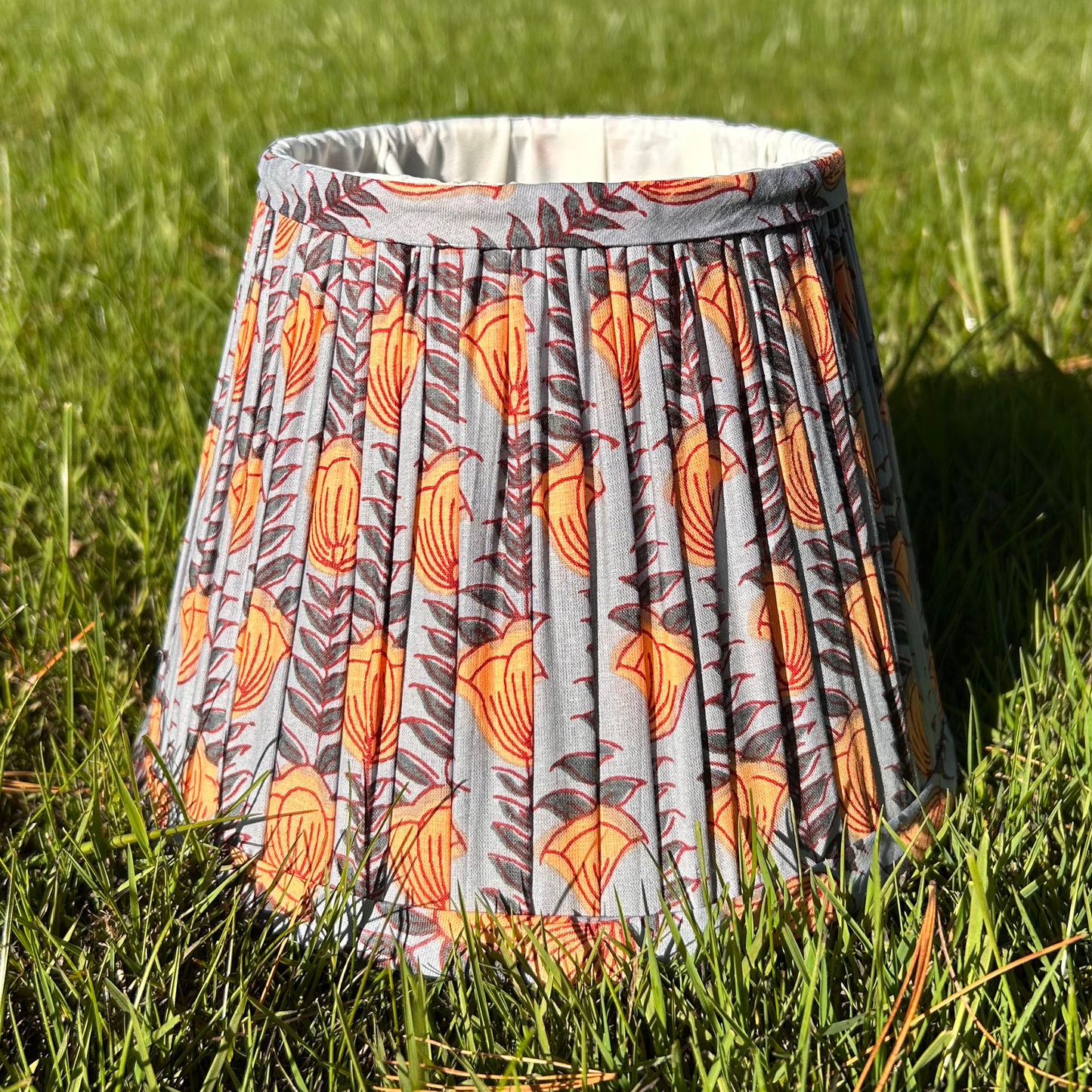 Hand Block Printed Fabric Lampshade - Soft Gray, Mustard