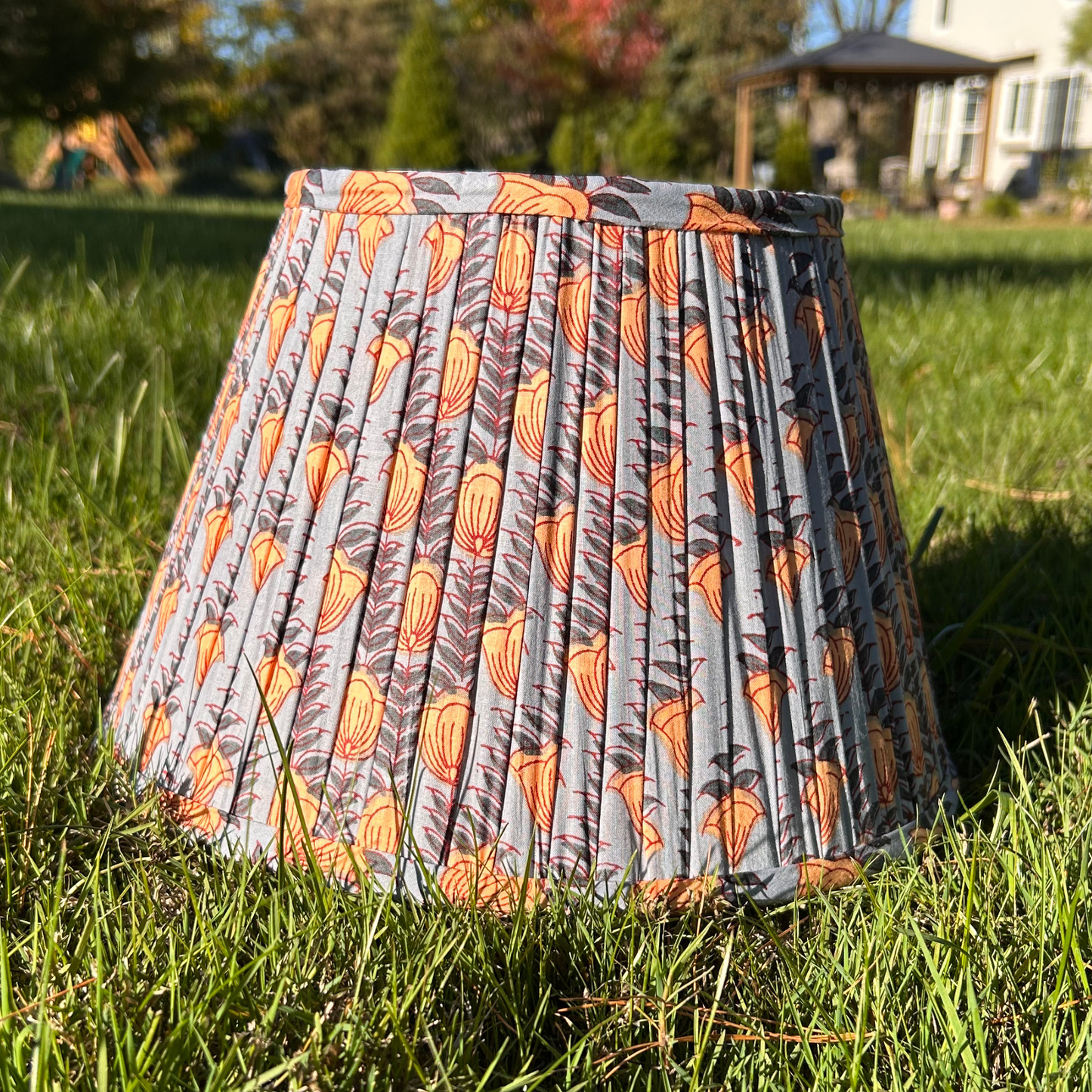 Hand Block Printed Fabric Lampshade - Soft Gray, Mustard