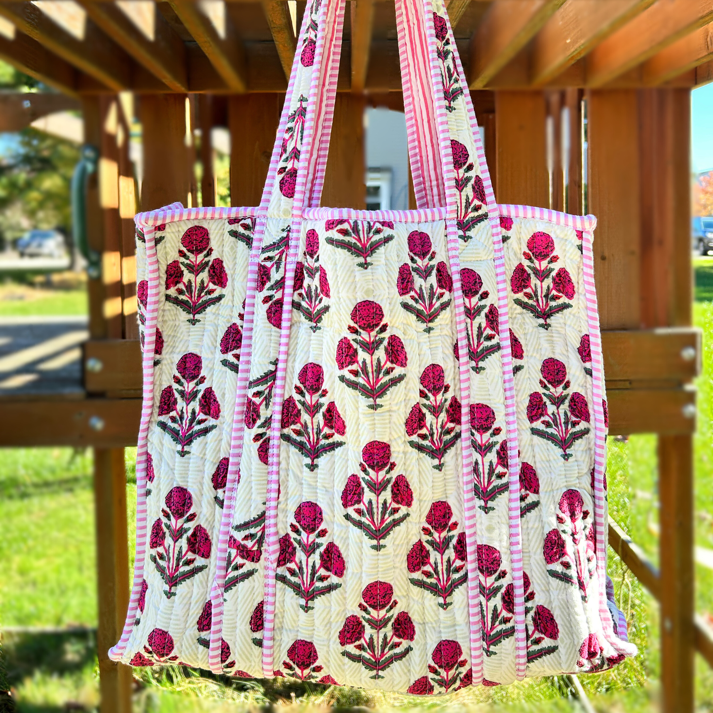 Hand Block Printed Quilted Cotton Tote - Pink Carnations