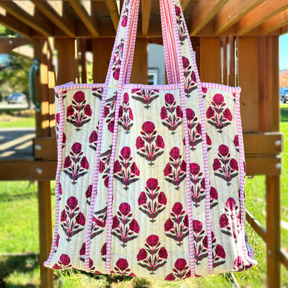 Hand Block Printed Quilted Cotton Tote - Pink Carnations