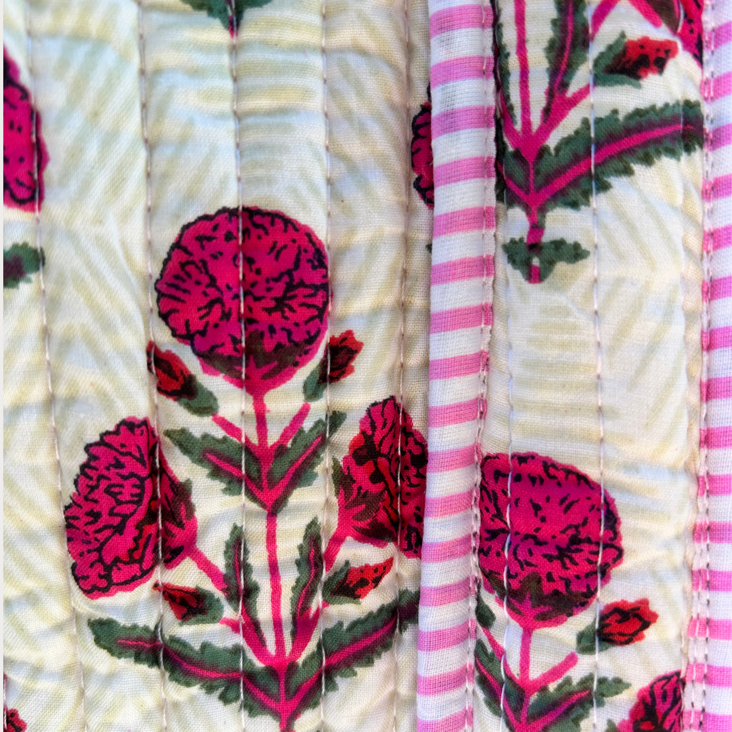 Hand Block Printed Quilted Cotton Tote - Pink Carnations