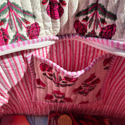 Hand Block Printed Quilted Cotton Tote - Pink Carnations