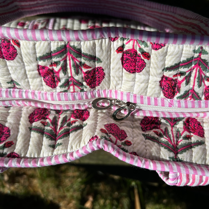 Hand Block Printed Quilted Cotton Tote - Pink Carnations