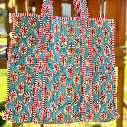 Hand Block Printed Quilted Cotton Tote - Red & Blue