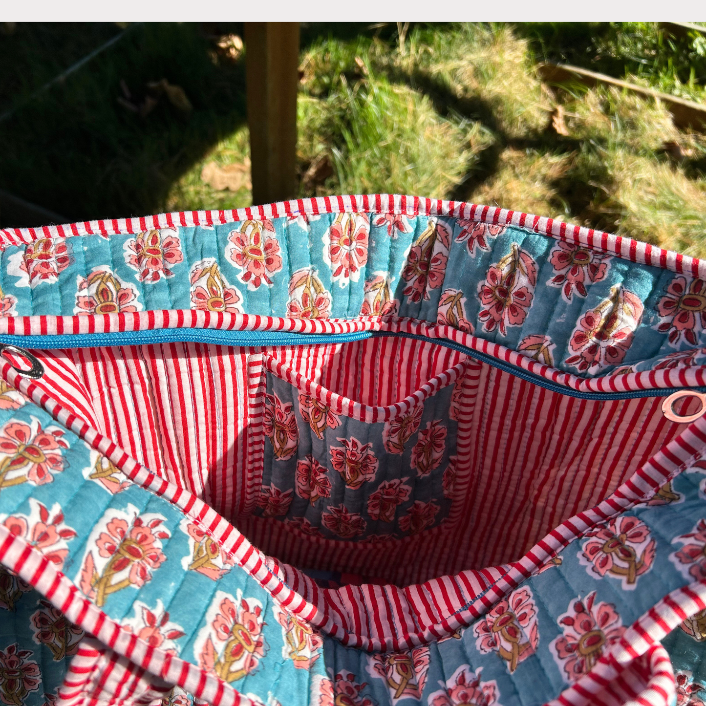 Hand Block Printed Quilted Cotton Tote - Red & Blue