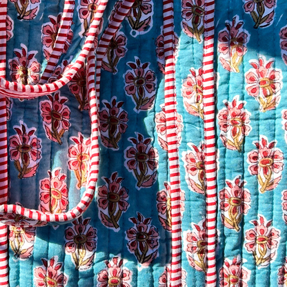 Hand Block Printed Quilted Cotton Tote - Red & Blue