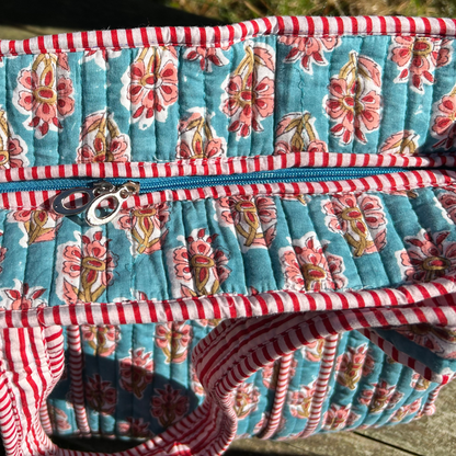 Hand Block Printed Quilted Cotton Tote - Red & Blue