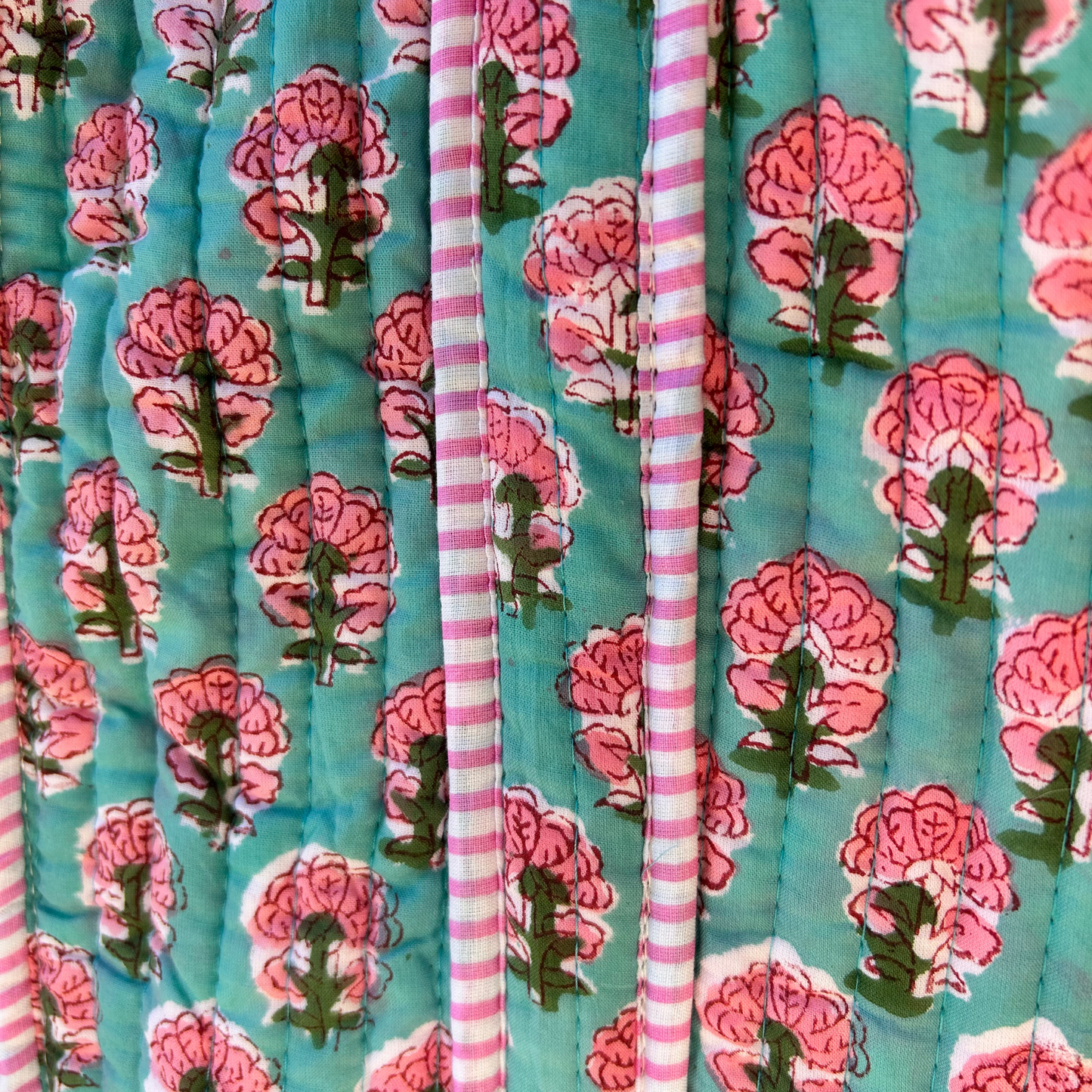 Hand Block Printed Quilted Cotton Tote - Pink Celosia