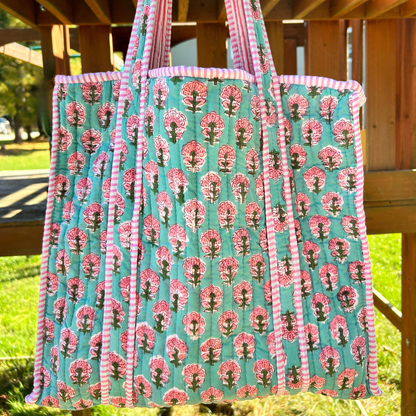 Hand Block Printed Quilted Cotton Tote - Pink Celosia