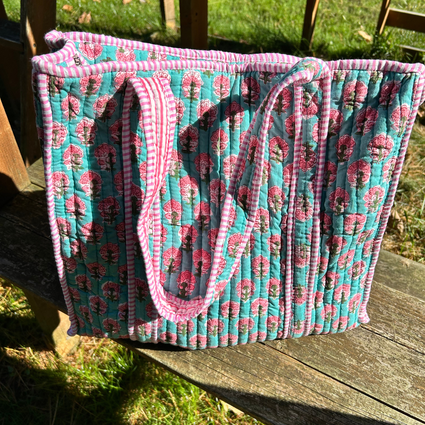 Hand Block Printed Quilted Cotton Tote - Pink Celosia