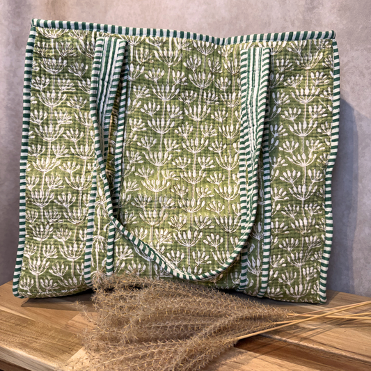Hand Block Printed Quilted Cotton Tote - Green Buds