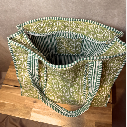 Hand Block Printed Quilted Cotton Tote - Green Buds