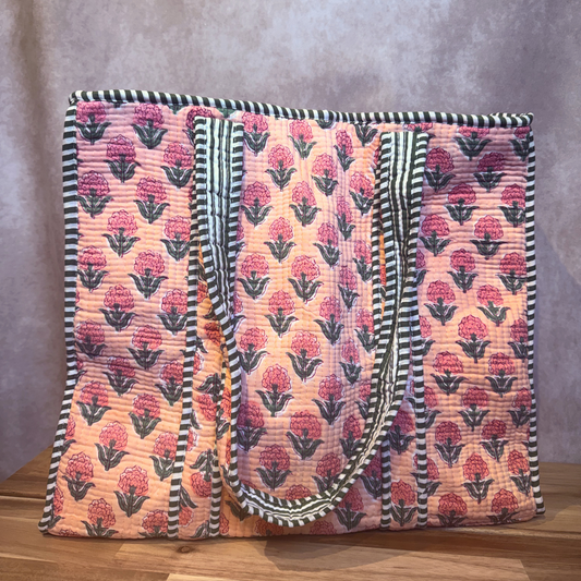 Hand Block Printed Quilted Cotton Tote - Pink Bloom