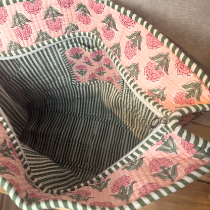 Hand Block Printed Quilted Cotton Tote - Pink Bloom