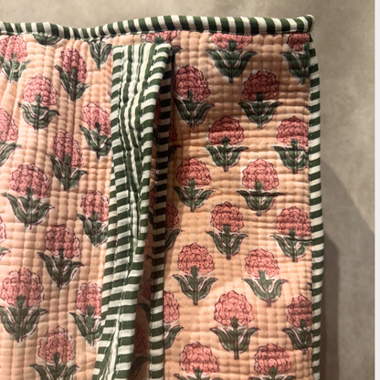 Hand Block Printed Quilted Cotton Tote - Pink Bloom